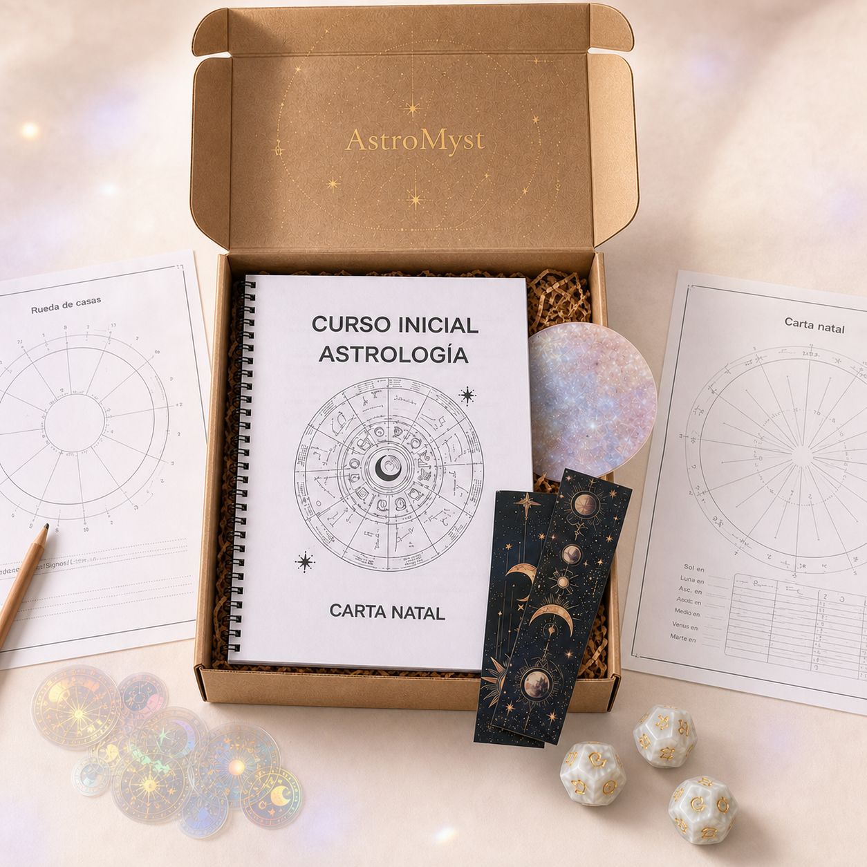 Caja AstroMyst con el dossier del curso, plantillas de carta natal, marcapáginas, pegatinas holográficas y dados astrológicos